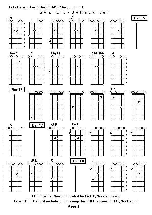 Chord Grids Chart of chord melody fingerstyle guitar song-Lets Dance-David Bowie-BASIC Arrangement,generated by LickByNeck software.